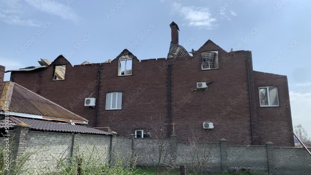 Hostomel, Kyiv, Ukraine - 01.04.2022: Russian occupants destroyed private houses in the city of Hostomel