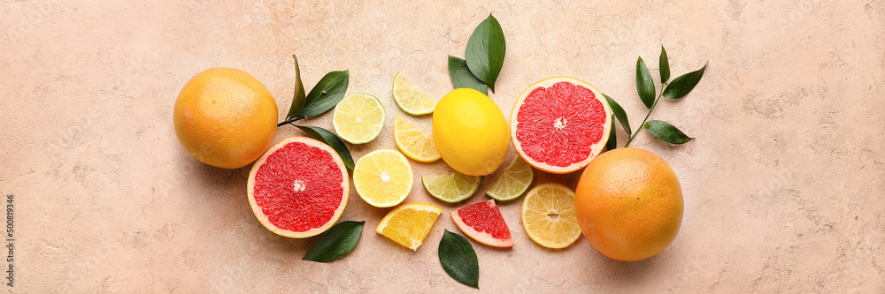 Different citrus fruits on color background. Banner for design - obrazy, fototapety, plakaty 