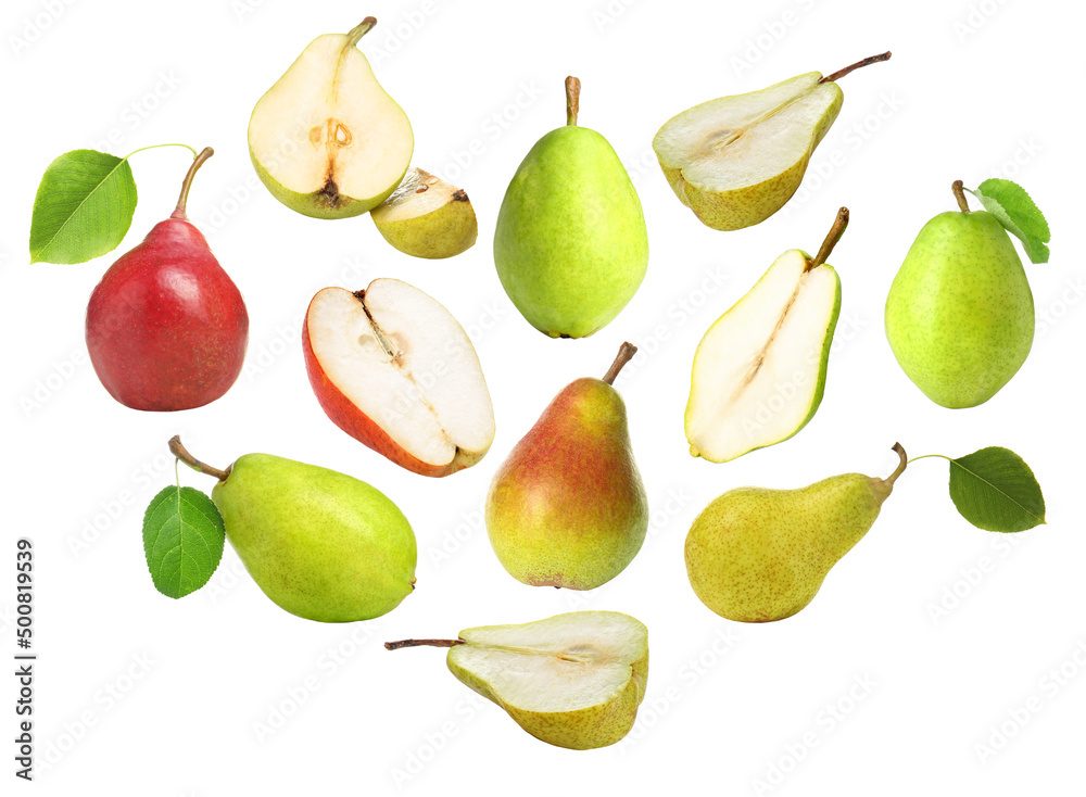 Set of sweet ripe pears isolated on white