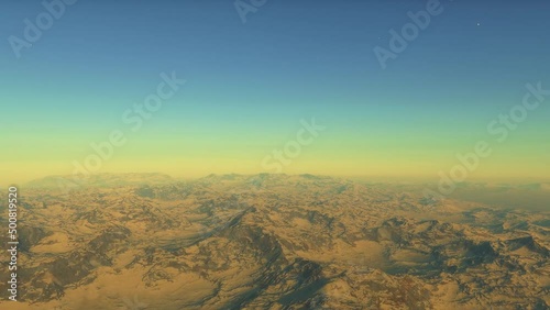 Aerial fly over martian red planet landscape photo