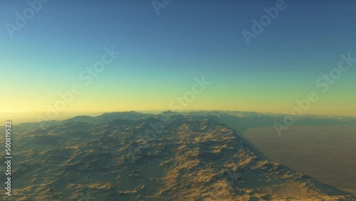 Aerial fly over martian red planet landscape photo