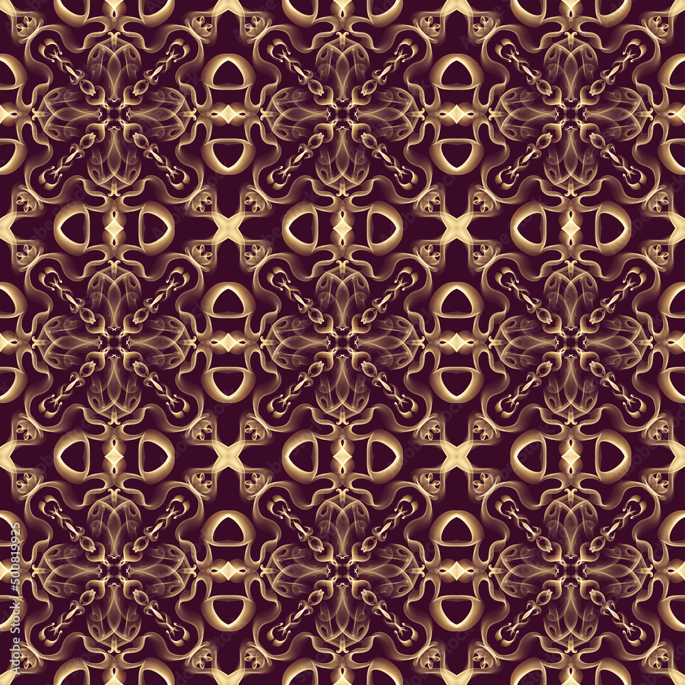 Seamless ornamental royal surface pattern in golden color with maroon background. Use for fashion design, clothing, fabrics, home decoration, bedding, wallpapers, invitations and greeting cards