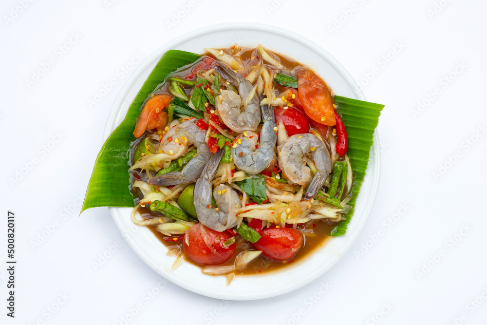 Papaya salad with shrimp in white plate Papaya salad with shrimp in white plate