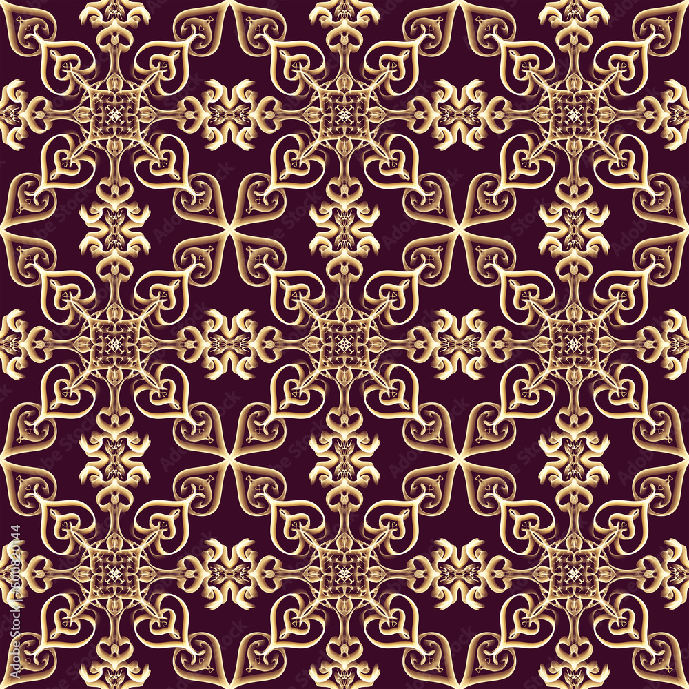 Seamless ornamental royal surface pattern in golden color with maroon background. Use for fashion design, clothing, fabrics, home decoration, bedding, wallpapers, invitations and greeting cards