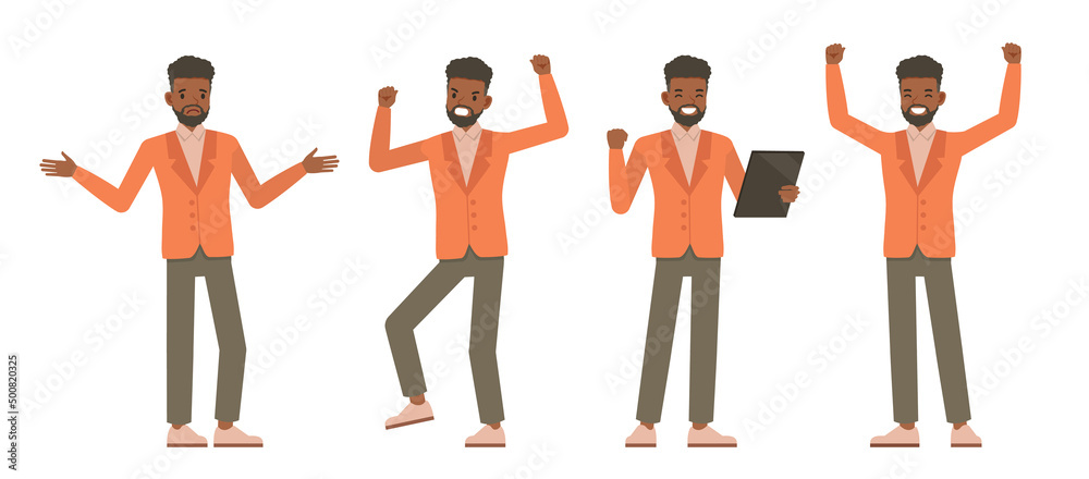 Set of office men wear orange suit character vector design. Presentation in various action. People working in office planning, thinking and economic analysis.