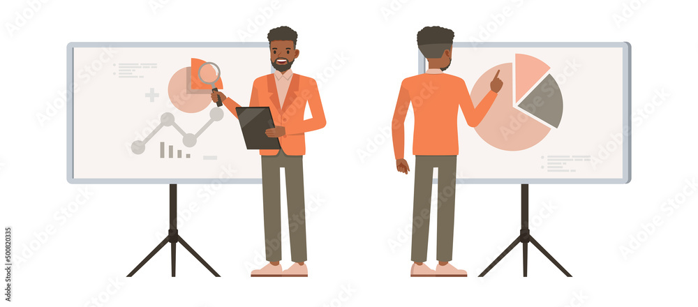 Set of office men wear orange suit character vector design. Presentation in various action. People working in office planning, thinking and economic analysis.