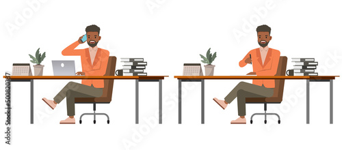 Set of office men wear orange suit character vector design. Presentation in various action. People working in office planning, thinking and economic analysis.