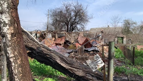 Hostomel, Kyiv, Ukraine - 01.04.2022: Russian occupants destroyed private houses in the city of Hostomel photo