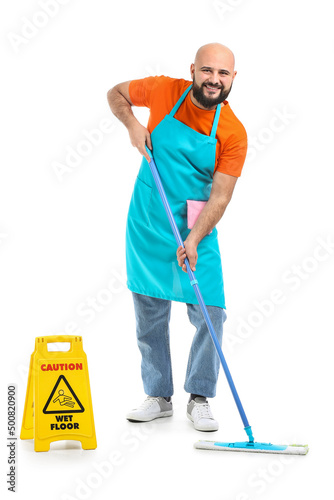 Bald man with floor mop iso...