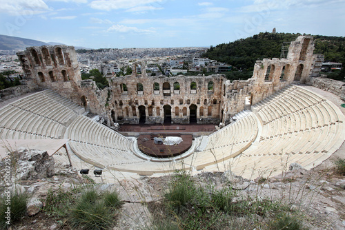 Odeon of Herodes Atticus Theater in Acropolis, Athens, Greece. The building was completed in AD 161 and then renovated in 1950.  photo