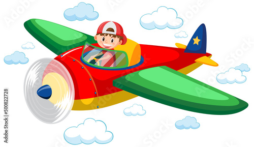 Boy flying cute airplane in the sky