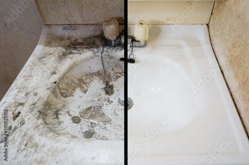 ゴミ屋敷の洗面台の清掃ビフォーアフター cleaning of sink of hoarding house before after photo