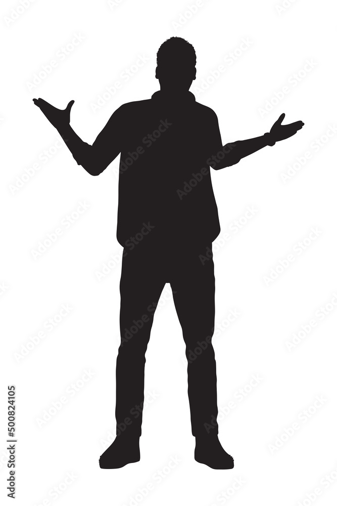 Portrait of a man standing with both hands with both hands extended on either side Portrait of a man standing with both hands with both hands extended on either side