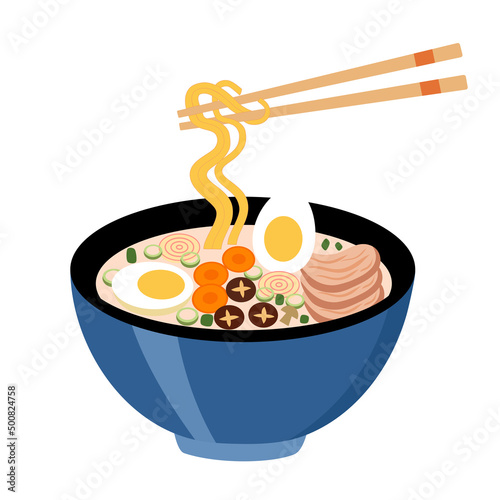 Ramen noodles Japanese soup bowl in flat design on white background. Asian meal.