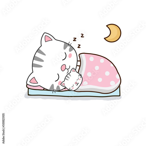  Cat mom and baby sleeping on the clouds. Cute cartoon character..