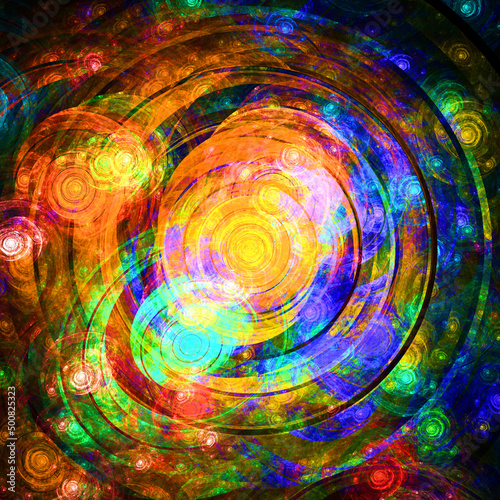 Imagen de arte fantástico digital consistente en grupos de círculos coloridos solapados en un todo de lo que paren ser una sucesión de galaxias viajando hacia el centro del universo.