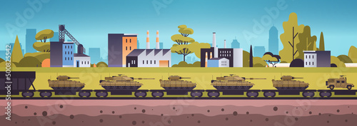 echelon of military tanks special battle transport on railway platform fighting vehicles delivery concept