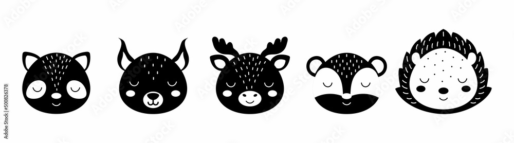 Black and white animal heads set of raccoon, squirrel, moose, badger, hedgehog. Animal faces in scandinavian style. Desing for kids t-shirts, wear, nursery decoration, greeting cards, other. Black and white animal heads set of raccoon, squirrel, moose, badger, hedgehog. Animal faces in scandinavian style. Desing for kids t-shirts, wear, nursery decoration, greeting cards, other.