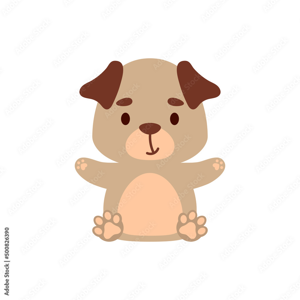 Cute little sitting pug dog. Cartoon animal character design for kids t-shirts, nursery decoration, baby shower, greeting cards, invitations, bookmark, house interior. Vector stock illustration Cute little sitting pug dog. Cartoon animal character design for kids t-shirts, nursery decoration, baby shower, greeting cards, invitations, bookmark, house interior. Vector stock illustration