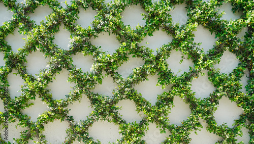 Green Ivy Leaves Growing On A Garden Wall In A Trellis Pattern