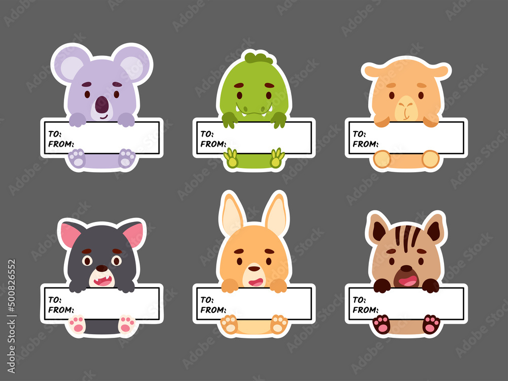 Sticky labels set of koala, kangaroo, crocodile, hyena, Tasmanian devil, camel. Cute animal tags for notepad, memo pad, flag marker for office school, scrapbooking, baby shower, invitation, decor.