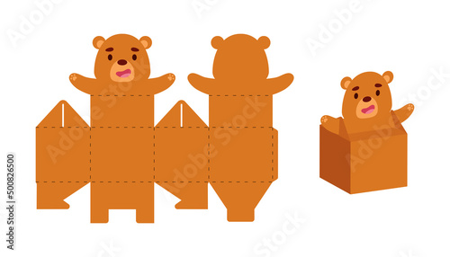Simple packaging favor box bear design for sweets, candies, small presents. Party package template for any purposes, birthday, baby shower. Print, cut out, fold, glue. Vector stock illustration