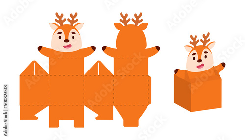 Simple packaging favor box deer design for sweets, candies, small presents. Party package template for any purposes, birthday, baby shower. Print, cut out, fold, glue. Vector stock illustration