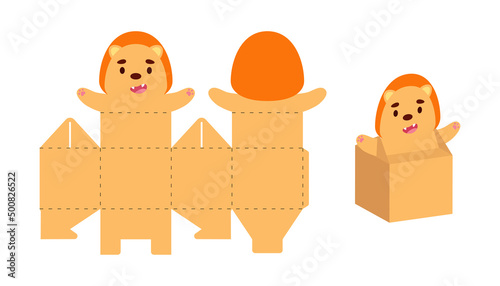 Simple packaging favor box lion design for sweets, candies, small presents. Party package template for any purposes, birthday, baby shower. Print, cut out, fold, glue. Vector stock illustration