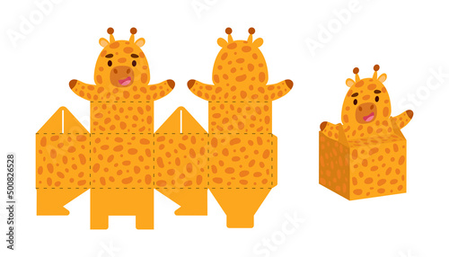 Simple packaging favor box giraffe design for sweets, candies, small presents. Party package template for any purposes, birthday, baby shower. Print, cut out, fold, glue. Vector stock illustration