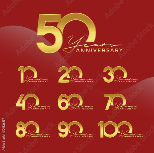 Set of Anniversary logotype gold color with red background for celebration
