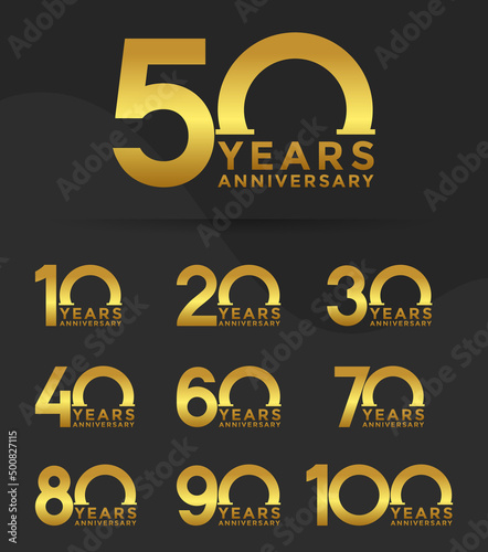 Set of Anniversary logotype golden color with black background for celebration