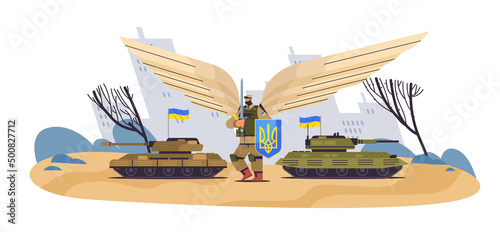 Ukrainian soldier in full body armor near tanks special forced Ukrainian defender in military cloth armed forces of Ukraine stop war