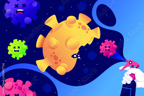 people spraying virus with disinfectant illustration background