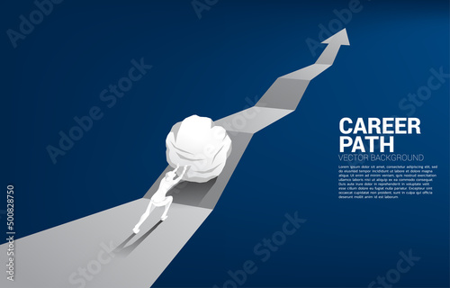 Silhouette of businessman pushing the big rock on growth graph. concept of business challenge and work hard.