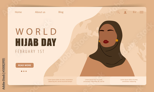 World hijab day landing page template. Abstract muslim woman in abaya. Faceless female portrait. Vector illustration in flat cartoon style.