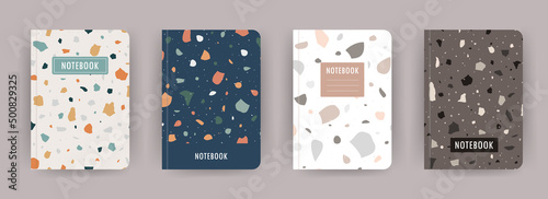 Cover page notebook collection. Templates with venetian terrazzo texture. Perfect for diary, books, magazines, journals, catalogs, planners and flyers. Vector layouts.