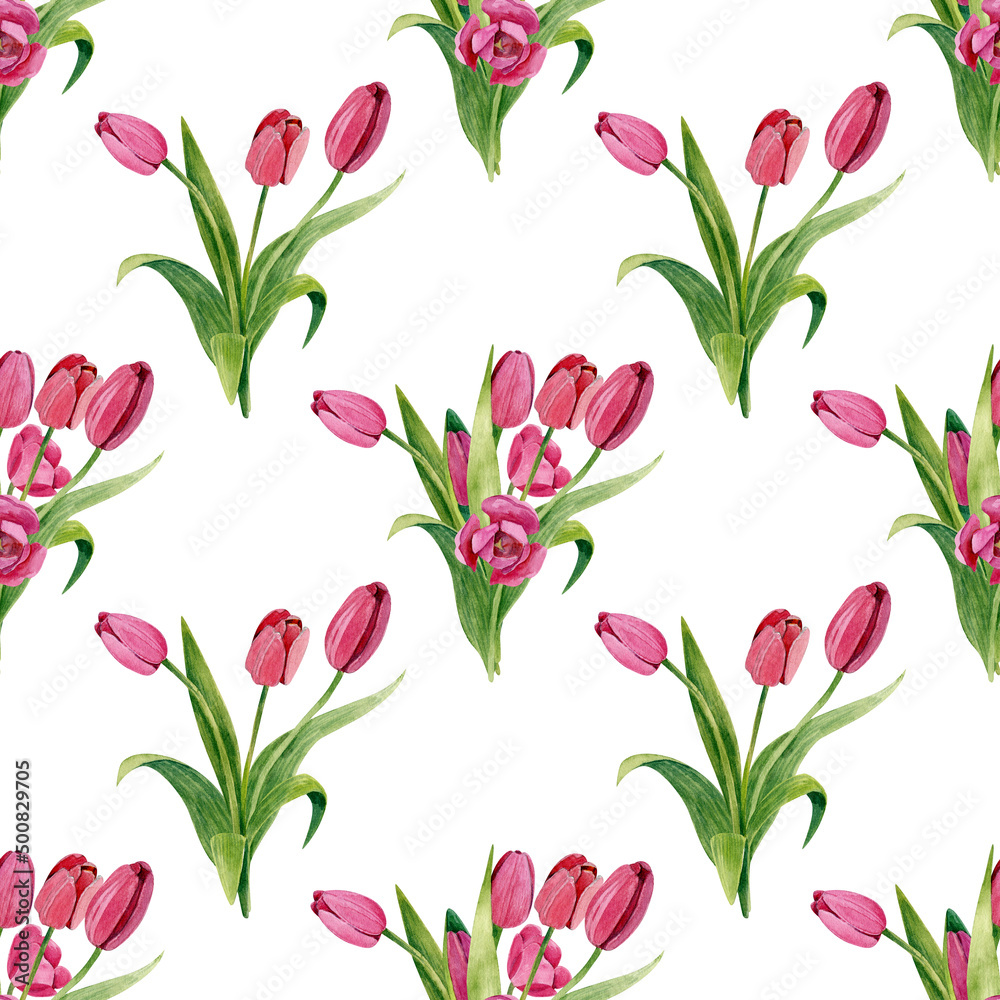 Watercolor pattern with a bouquet of tulips. Flowers on a stalk. Seamless texture on a white background. Watercolor pattern with a bouquet of tulips. Flowers on a stalk. Seamless texture on a white background.