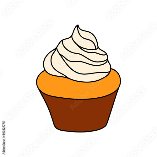 Doodle cupcake. Design sketch element for menu cafe, bistro, restaurant, coffeehouse, bakery, label, poster, banner, flyer and packaging. Vector colorful illustration on a white background.