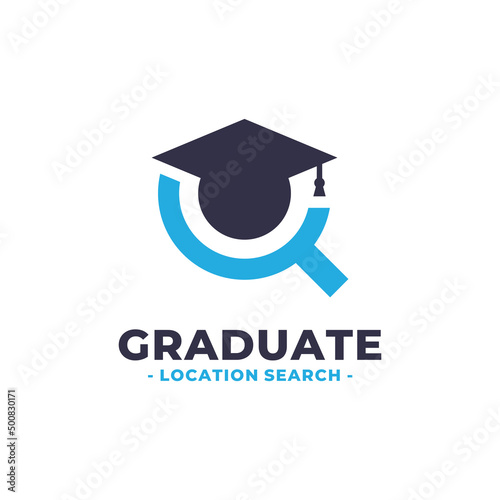 Graduate hat and magnifying glass logo vector. Graduation ceremony venue finder logo template design concept.