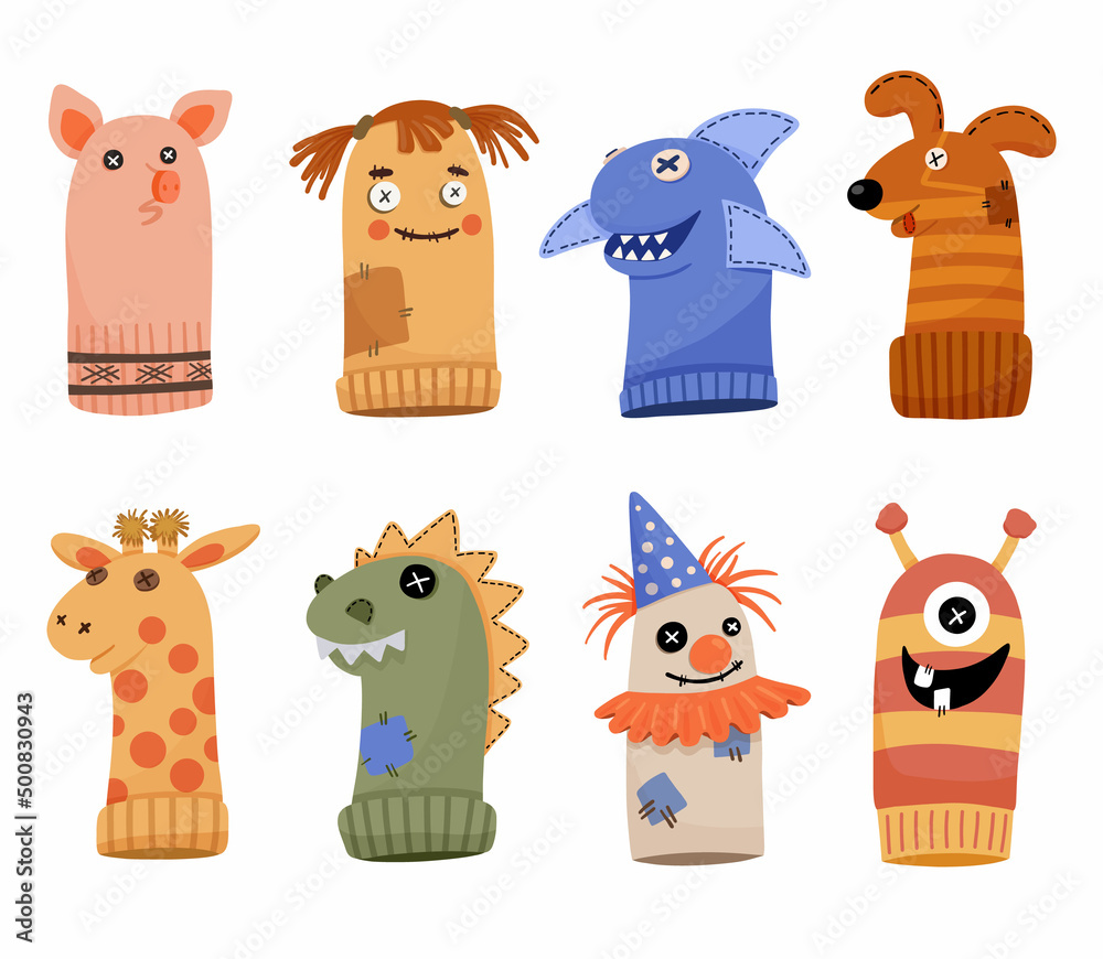 Socks puppets. Dolls for children theatre. Educational game with doll