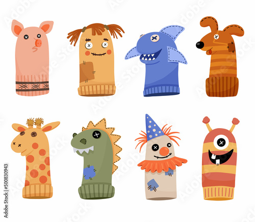 Socks puppets. Dolls for children theatre. Educational game with doll on hand, vector characters isolated on white background. Creepy clown, girl and shark