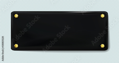 Black rectangular painted plate with gold bolt or screws isolated. Vector illustration Eps10.