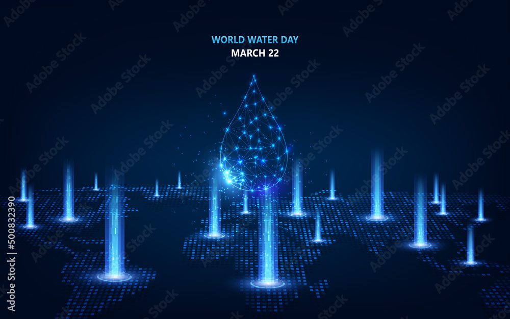 World water day concept. Banner template with glowing low poly water drop. Vector illustration