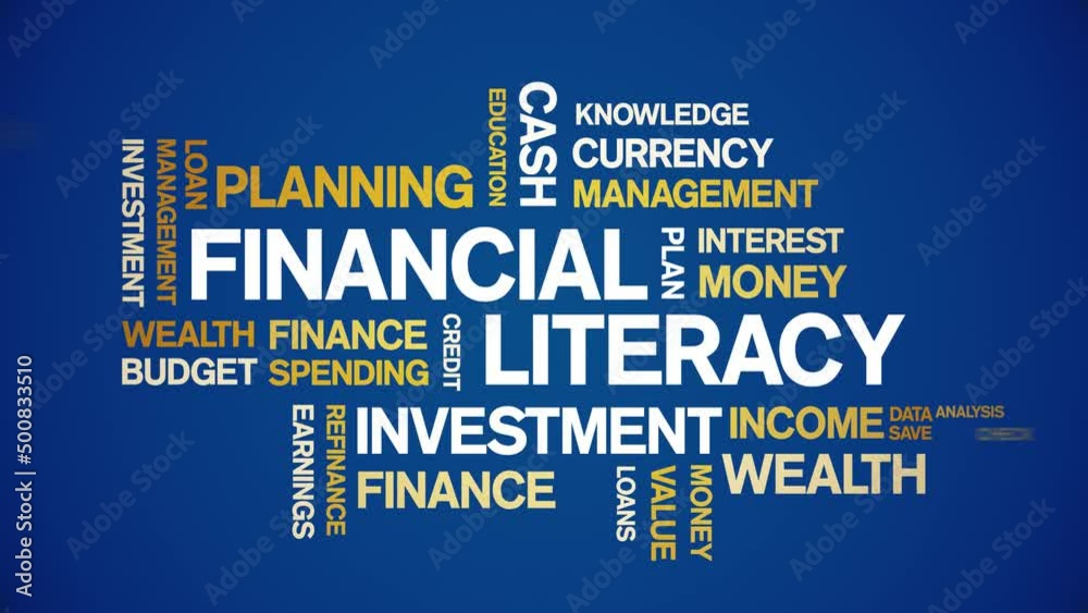 4k Financial Literacy Animated Tag Word Cloud;Text Design Animation typography seamless loop.