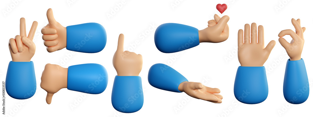 Human hands set in 3d cartoon style. Different fingers gesture for business and product concept. 3d high quality render isolated on white background.