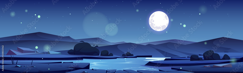 Summer valley with river and mountains on horizon at night. Vector cartoon illustration of nature landscape with water stream, bushes, rocks, and full moon in sky - obrazy, fototapety, plakaty 