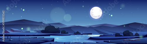 Summer valley with river and mountains on horizon at night. Vector cartoon illustration of nature landscape with water stream, bushes, rocks, and full moon in sky