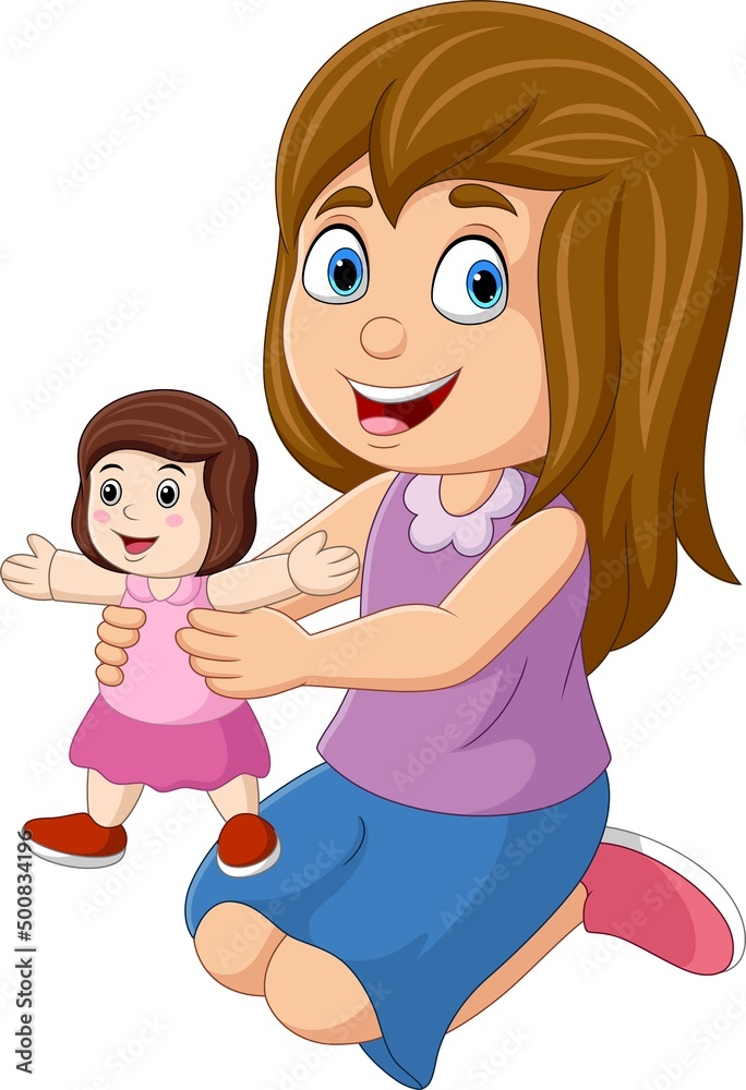 Cartoon little girl holding a doll