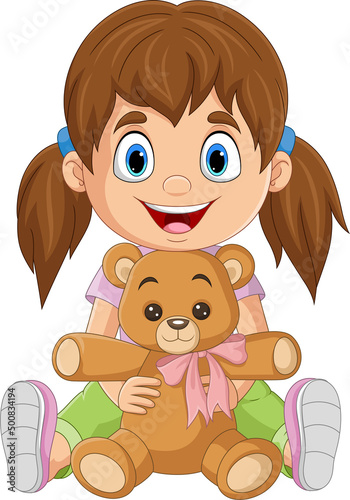 Cartoon little girl holding teddy bear