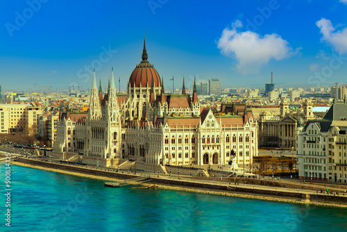 Panoramic view of the Parliament Palace Hungary Budapest